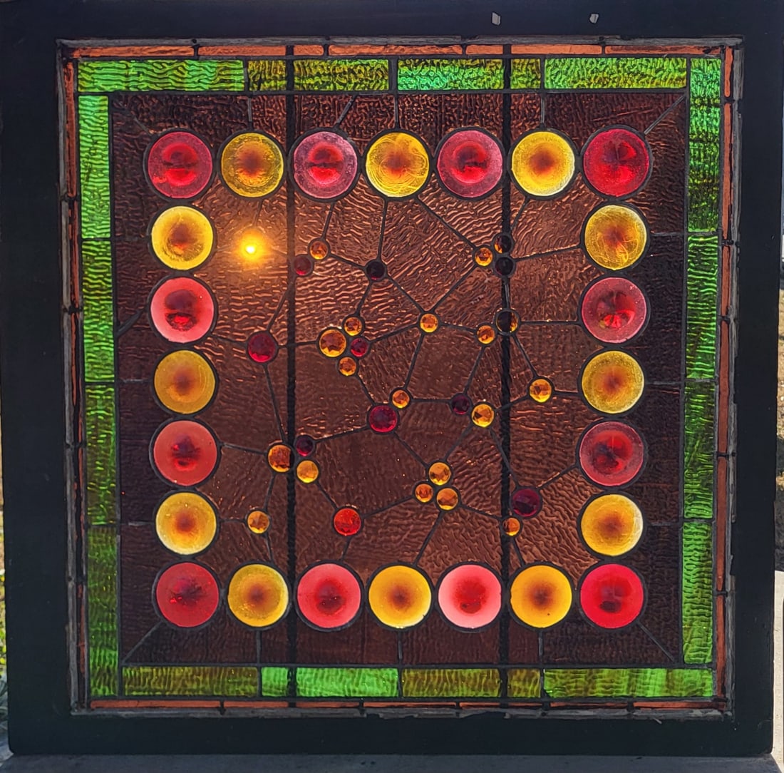 Stained Glass Arts & Crafts Style Stained Glass Window Panel with Pink Floral Design (1 of 2)