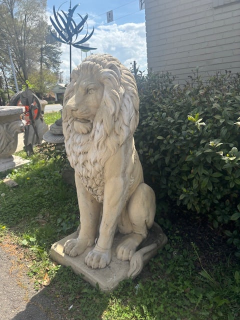 Pair of Belgian Cast Stone Seated Lions: Pair of Belgian Cast Stone Seated Lions(Approx. 48"H x 22"W x 26"D)
