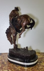 Western Bronze Reproduction "Bronco Buster" Cowboy Horse Statue After Remington (1 of 4)