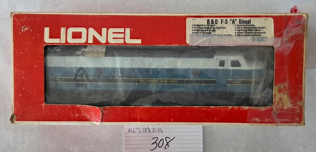 Lionel Southern F-3 “A” Diesel O Gauge in Original Box:  Lionel B&O F-3 “A” Diesel Locomotive #6-8363 in Original Box , O Gauge Baltimore & Ohio blue/silver F3 A-unit, die-cast frame, original packaging. 6"H x 15.5"W x 3.25"D
