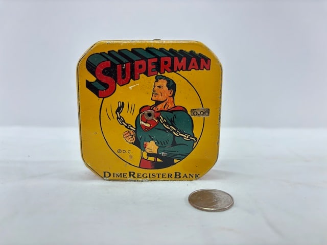 Rare Vintage Lithographed DC Comics Mechanical Superman Dime Register. 3" x 3" (1 of 6)