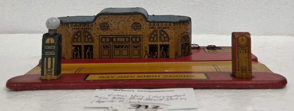 Vintage Marx Litho Tin BlueBird Garage Service Station: with garage building and pumps 3"H x 12"W x 6.5"D