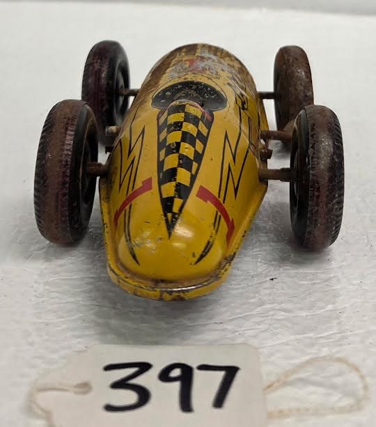 Vintage Lithographed Tin Wind-up Race Car in Yellow (1 of 2)