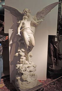 Signed Carrara marble sculpture of “Cupid & Psyche”: Finely carved Italian Carrara marble statue of Cupid & Psyche on original base, signed H. Godet (Henri Godet,French 1863-1937) 86" H x 64" W x 35" D