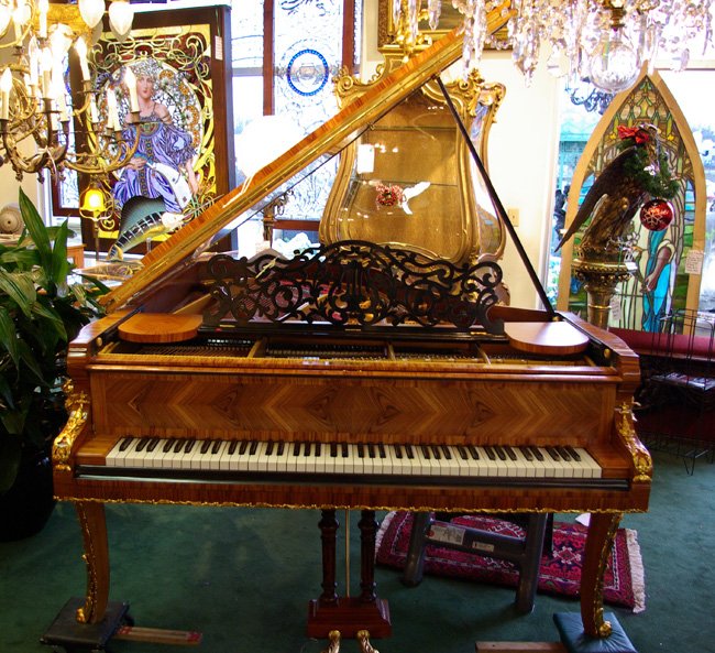Gold mounted Bechstein grand piano: with satinwood inlay; model 96387, Berlin. Closed: 38" H x 70" W x 86" D