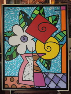 "Flowers for Eunice," signed Romero Britto, : 2005, made for Eunice Kennedy Shriver. SN# WYN-1012-05, framed: 51" H x 39" W, canvas: 48" H x 36" W