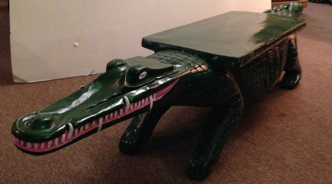 Lacoste Aligator bench: Hand carved painted wood Lacoste Aligator bench. Measures 104" long and 16 1/2" tall