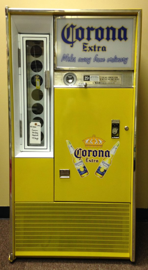 Corona vending machine: Working restored Corona vending machine. This machine will hold a long neck beer bottle. Measures 54"x27"x22"