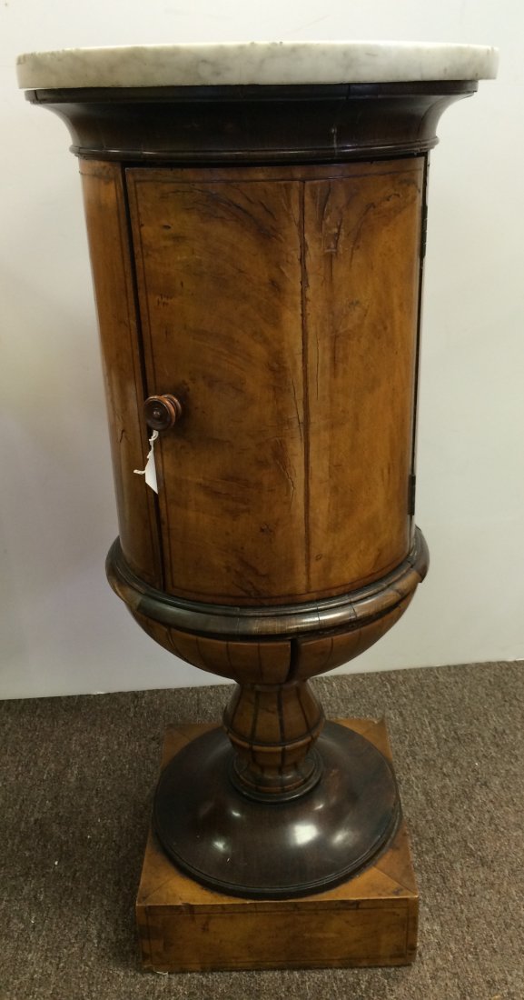 Pair of Biedermeier Side Tables: Pair of Biedermeier marble topped round side tables. Measures 35" tall and 15.5" diameter.
