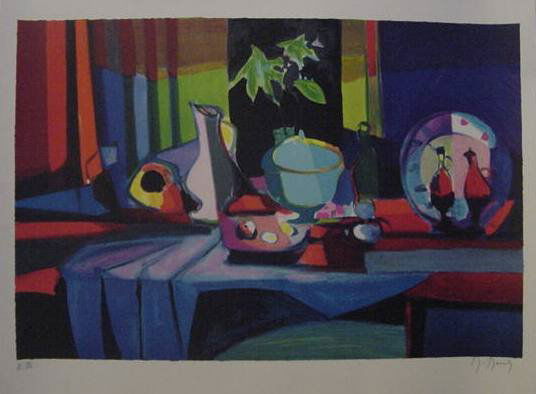 Marcel Mouly "Soupiere a la Nappe Bleue": Original hand signed and numbered lithograph on paper, from the Artist Proof edition; image size 16 1/2" x 24 1/2"; unframed.