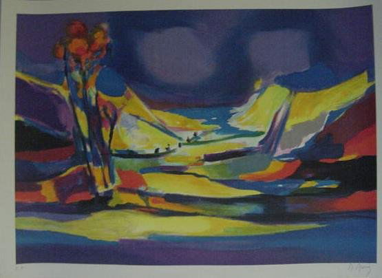 Marcel Mouly "Le Lac Bleu": Original hand signed and numbered lithograph on paper from the Artist Proof edition; image size 20" x 28", unframed.