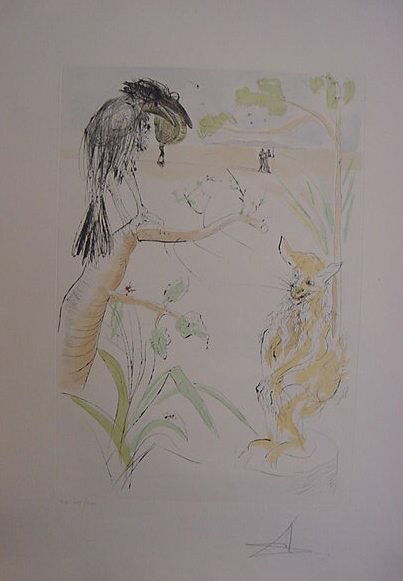 Salvador Dali "Raven and the Fox": Original hand signed and numbered intaglio etching on paper, Field # 74 - 1C from the Artist Proof edition; image size 22" x 15 1/2", unframed.