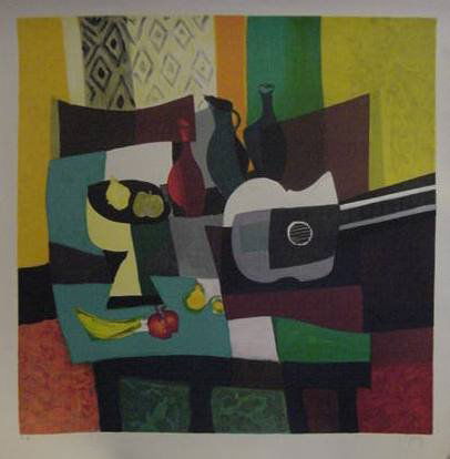 Marcel Mouly "Nature Morte Guitare": Original hand signed and numbered lithograph on paper, from the Artist Proof edition; image size 27" x 27"