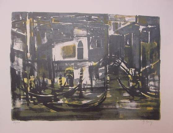 Marcel Mouly "Gondolas Venice": Original hand signed and numbered lithograph on paper; from the edition of 100; image size 14" x 19", unframed