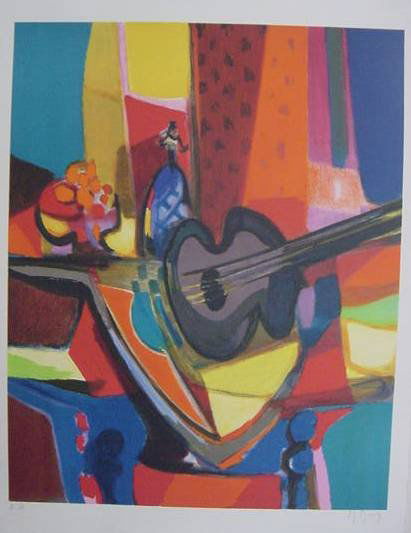 Marcel Mouly "Guitare et Bouteille": Original hand signed and numbered lithograph on paper from the Artist Proof edition; image size 28" x 22", unframed.