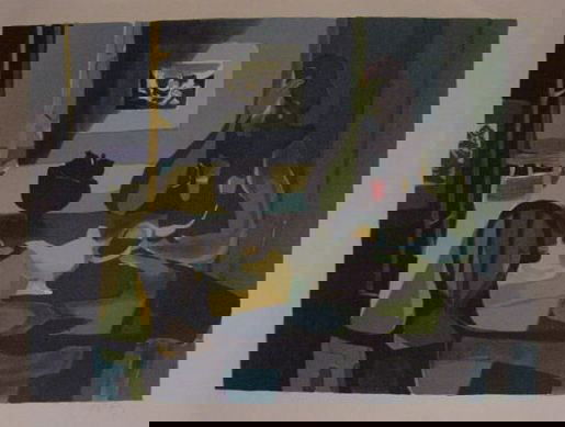 Marcel Mouly "Interieur Femme a la Table": Original hand signed and numbered lithograph on paper, from the Artist Proof edition; image size 18" x 24", unframed.