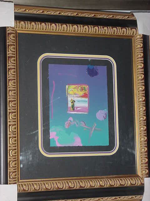 Peter Max "Promised Land": Original hand signed acrylic and collage on paper, A UNIQUE WORK, Image size 11" x 8 1/4", Framed.