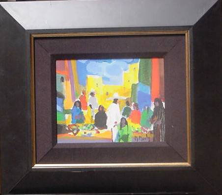 Marcel Mouly "Marche Mexicain": Original hand signed acrylic painting on canvas; Image size 7 1/2" x 9 1/2", FRAMED