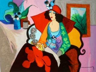 Yitzak Tarkay "Red Hat": Original hand signed and numbered serigraph on paper; Image size 9" x 11 1/2", UNFRAMED