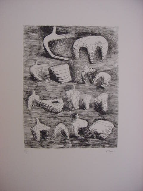 Henry Moore "Reclining Figures": Original hand signed and numbered etching on paper titled "2 and 3 Pieces Reclining Figures" (C. 95), from the edition of 125; image size 12 1/4" x 9 1/2", 1967, framed
