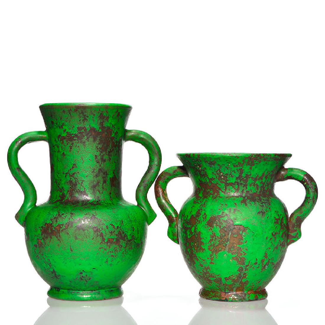 2 Weller Coppertone twin handled vases, 8 and 10 5/8 (1 of 1)