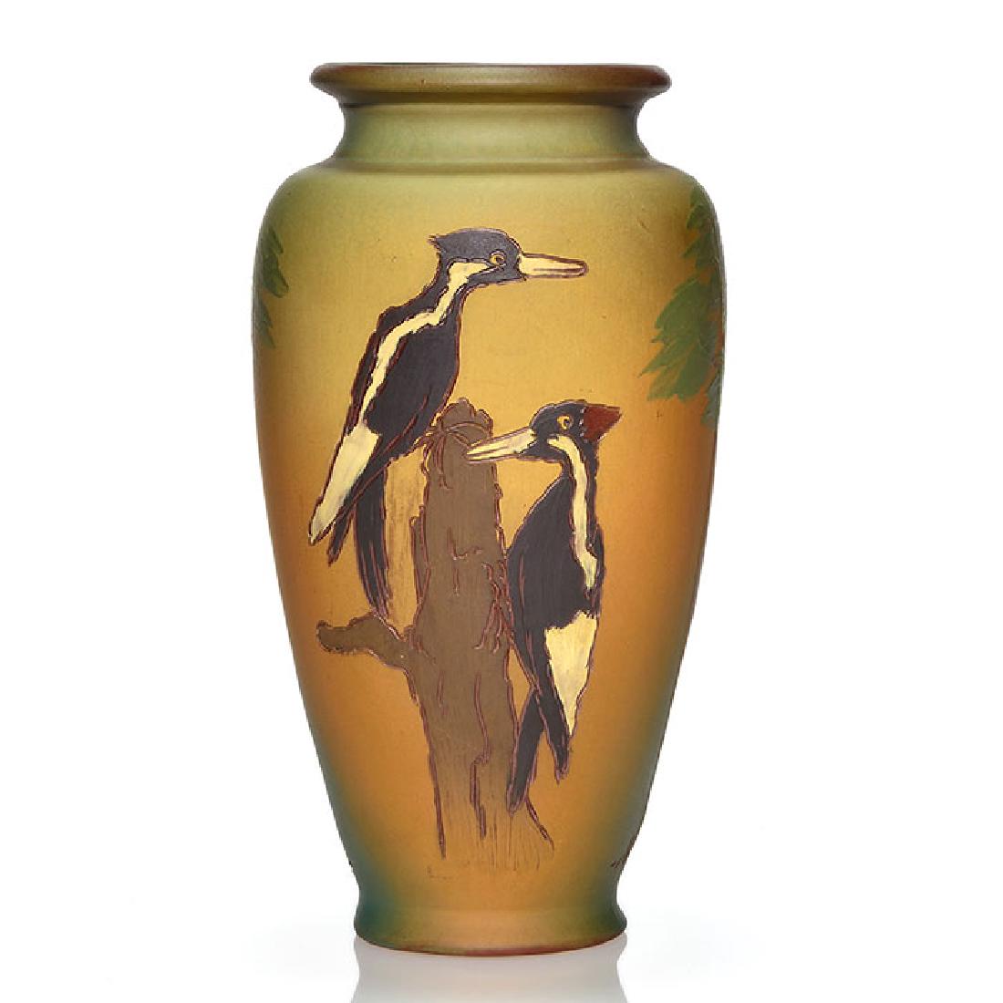 Weller Dickens Ware vase, woodpeckers, 9 1/4 inches (1 of 1)