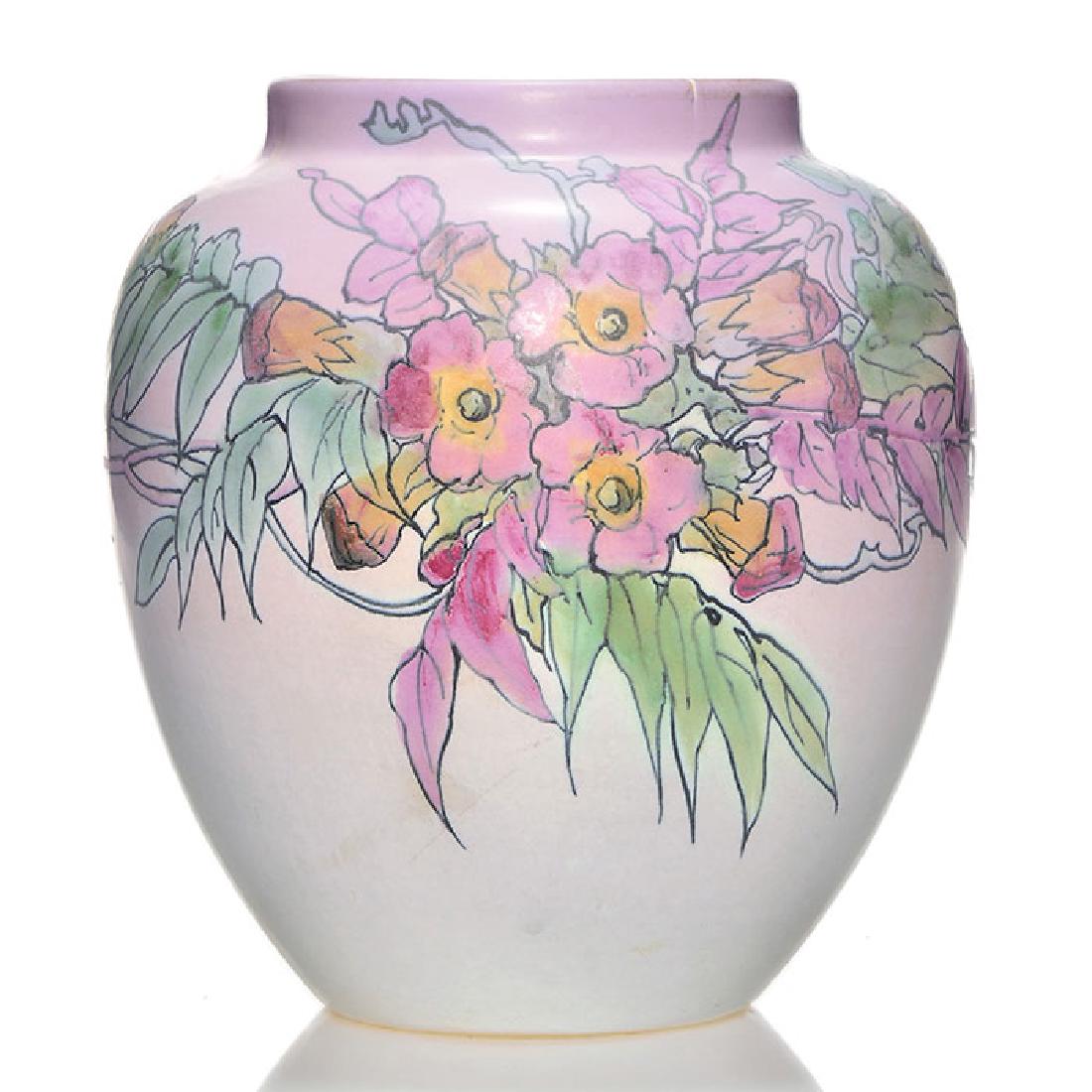 Weller Hudson Perfecto, floral, Leffler, 9 5/8 inches: Weller Hudson Perfecto floral lamp vase decorated by Claude Leffler. Flowers, leaves and vines encircle the vase in bright pastel colors. Marked with the full kiln Weller Ware ink stamp logo and signe