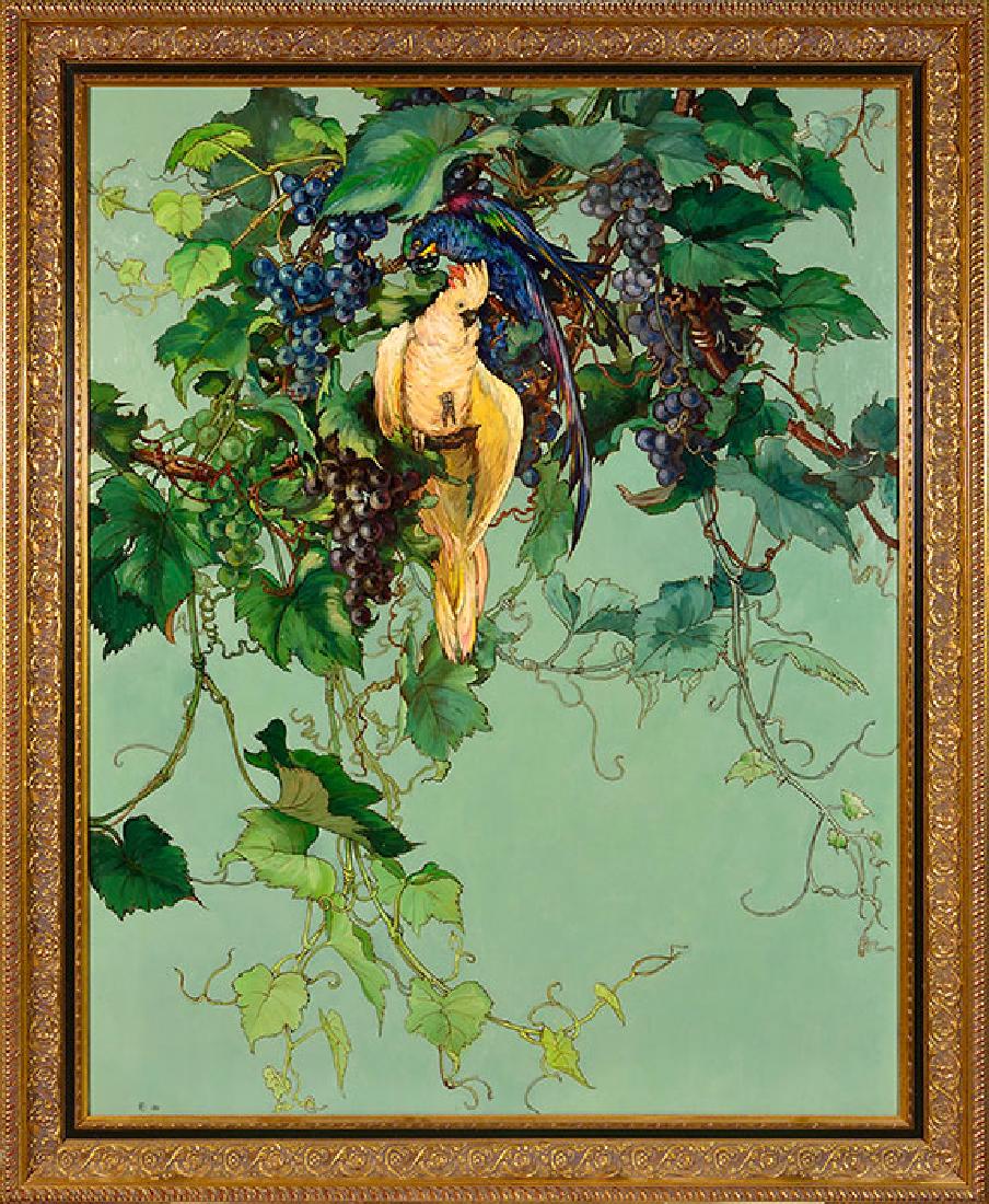 Claude Leffler oil on canvas, cockatoo and macaw, 1920,: Large oil painting on board done in 1920 by Zanesville pottery artist Claude Leffler who worked mainly at Weller with visits to Owens, Roseville and Denver China. Pictured are a cockatoo and a macaw i
