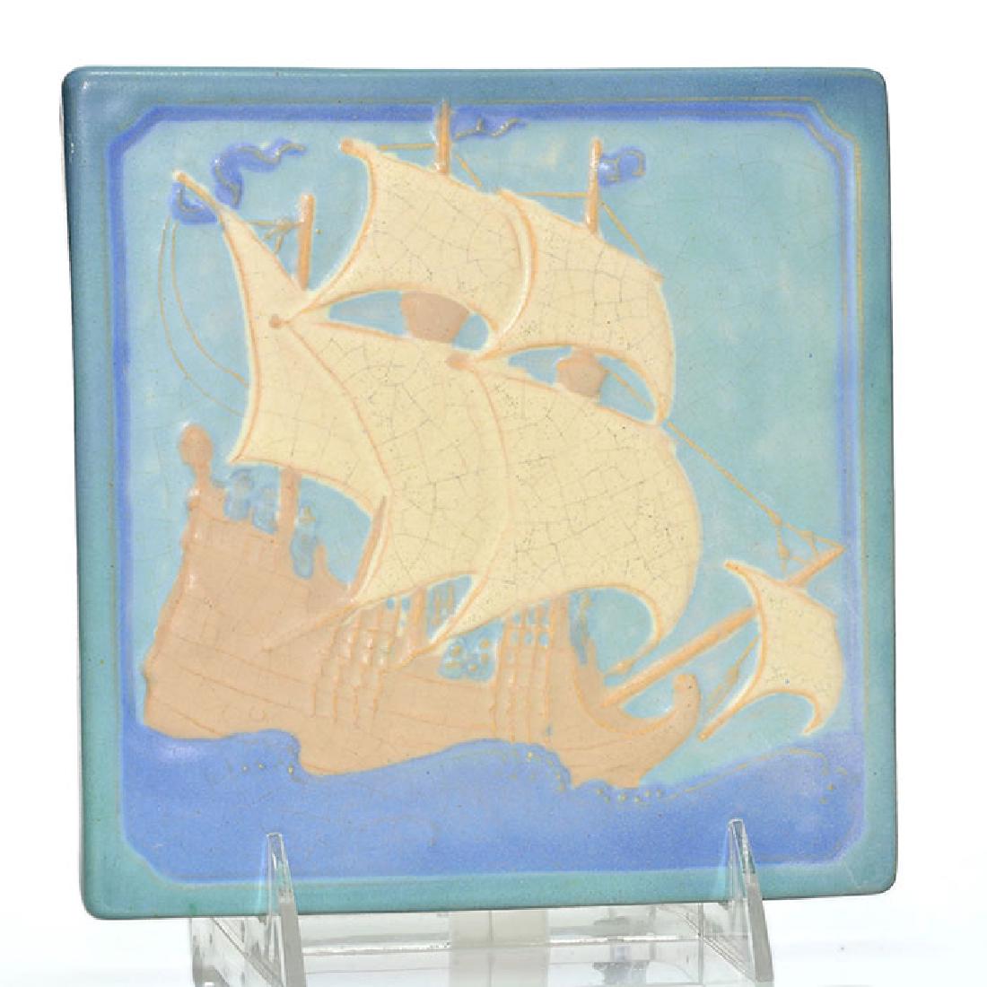 Marblehead polychromed tile, galleon at sea, 6 1/2 x 6 (1 of 1)