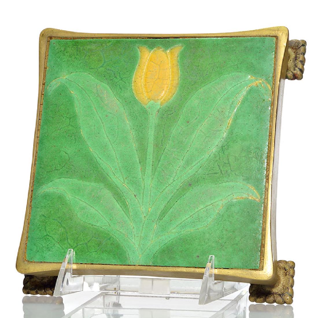 Grueby tulip tile, bronze Tiffany mounts, 6” x6” (1 of 2)