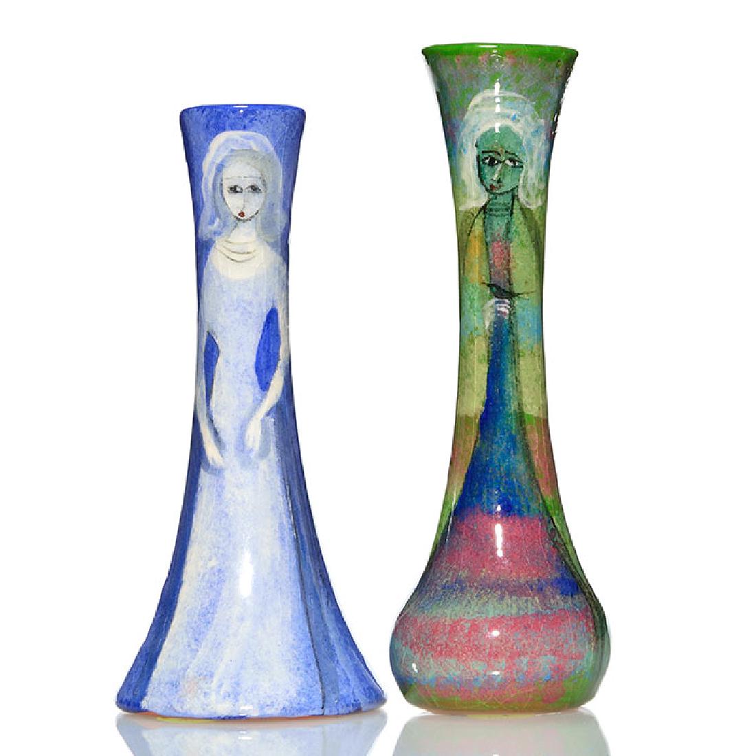 2 Pillin bud vases, women, deer, bird, 7 1/4”, 6 5/8” (1 of 2)