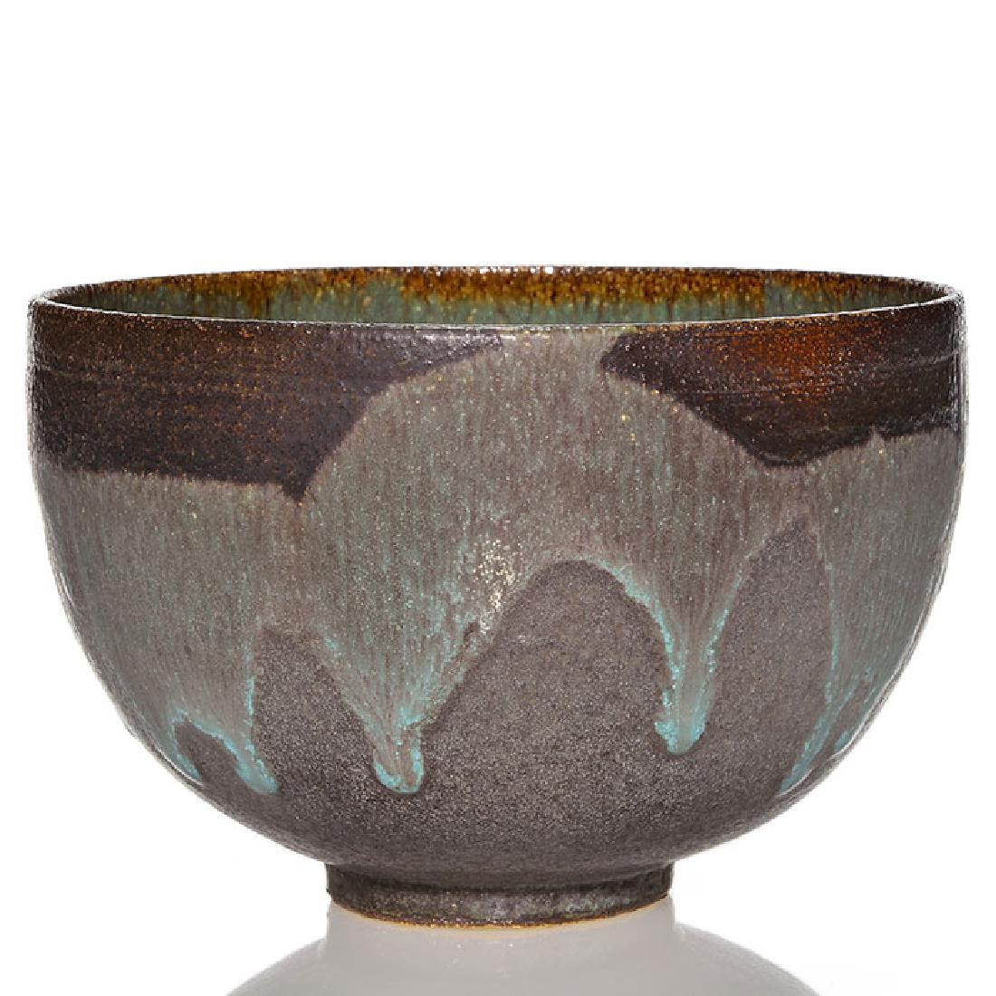Scheier bowl, volcanic drip glaze, 4 5/8” x 7” diameter: Thin walled bowl covered in a mottled gray glaze and having blue and darker gray volcanic textured glazes dripped from the rim by Edwin and Mary Scheier. Incised Scheier on the bottom. Excellent origi