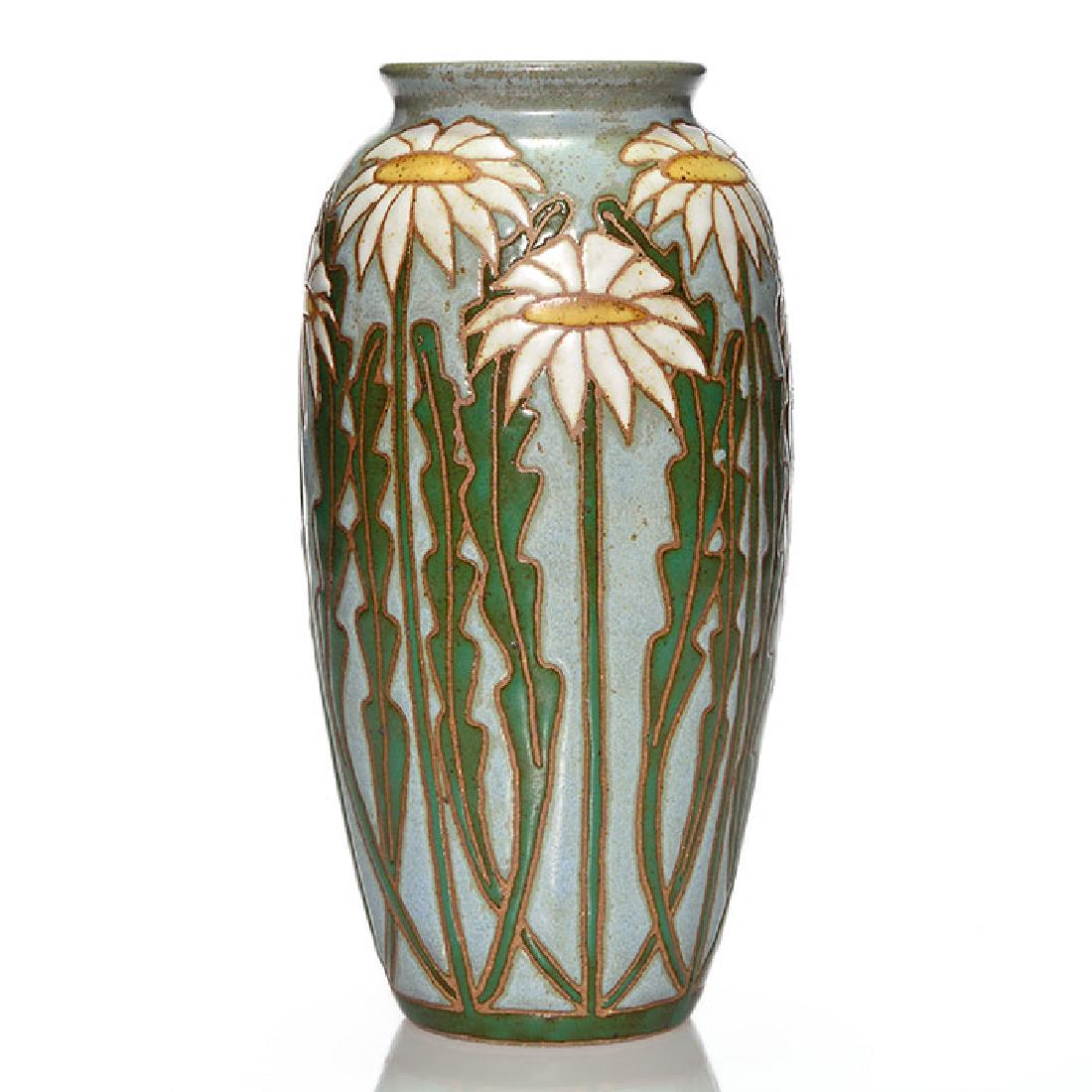 Common Ground Pottery vase, Eric Olson, 2003, 10 inches: Common Ground Pottery vase with daisy decoration by Eric Olson in 2003. Incised with the artist’s name and date and impressed with the CGP logo. Excellent original condition. Height is 10 inches.