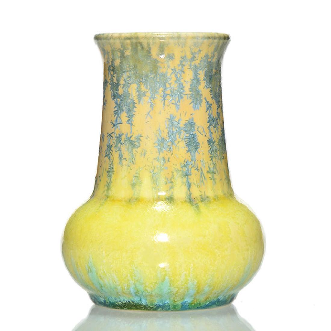 Ruskin crystalline vase, yellow, aqua, 4 1/4”, marks (1 of 1)