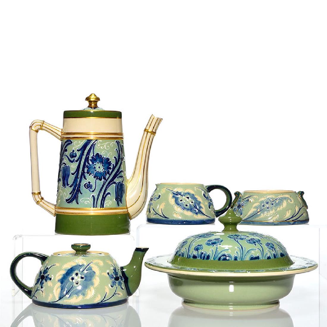 Group of Moorcroft-Macintyre Dura Ware items.: Group of Moorcroft-Macintyre Dura Ware pieces. 1. Butter dish with lid and inner strainer done in poppy design done by William Moorcroft. Marked with the Macintyre Burslem England ink stamp logo and s