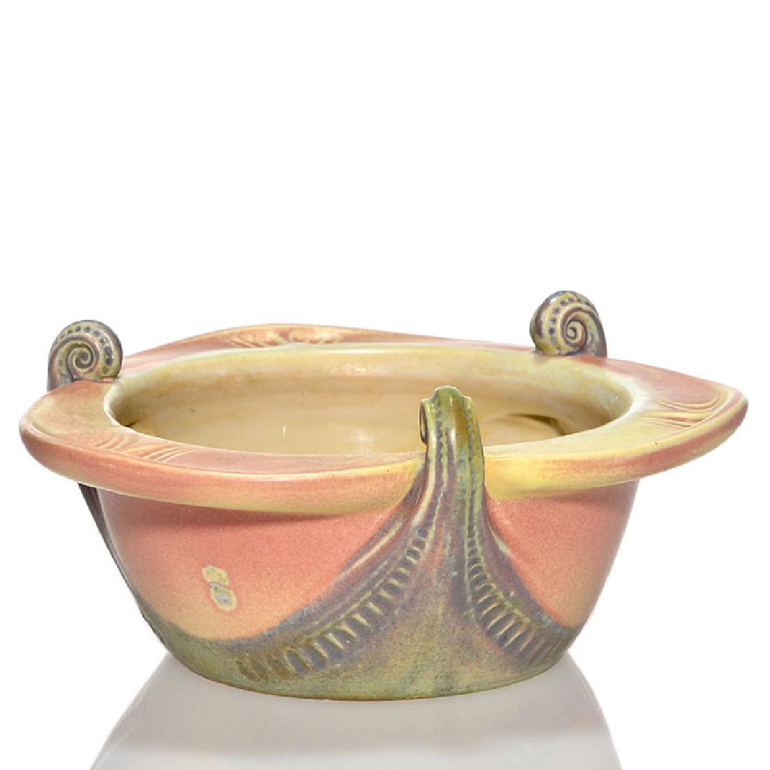 Mougin bowl by Majorelle, crystalline glaze, 3 1/8 x 7: Unusual Mougin bowl designed by Louis Majorelle with what appear to be three tentacles that begin at the base and wrap up and over the rim. The interior has a number of large white crystals scattered 