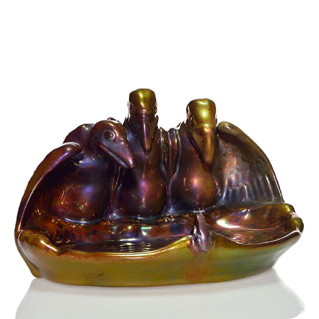 Zsolnay Eosin 3 birds & frog tray, 4”X6 5/8”, marks (1 of 4)