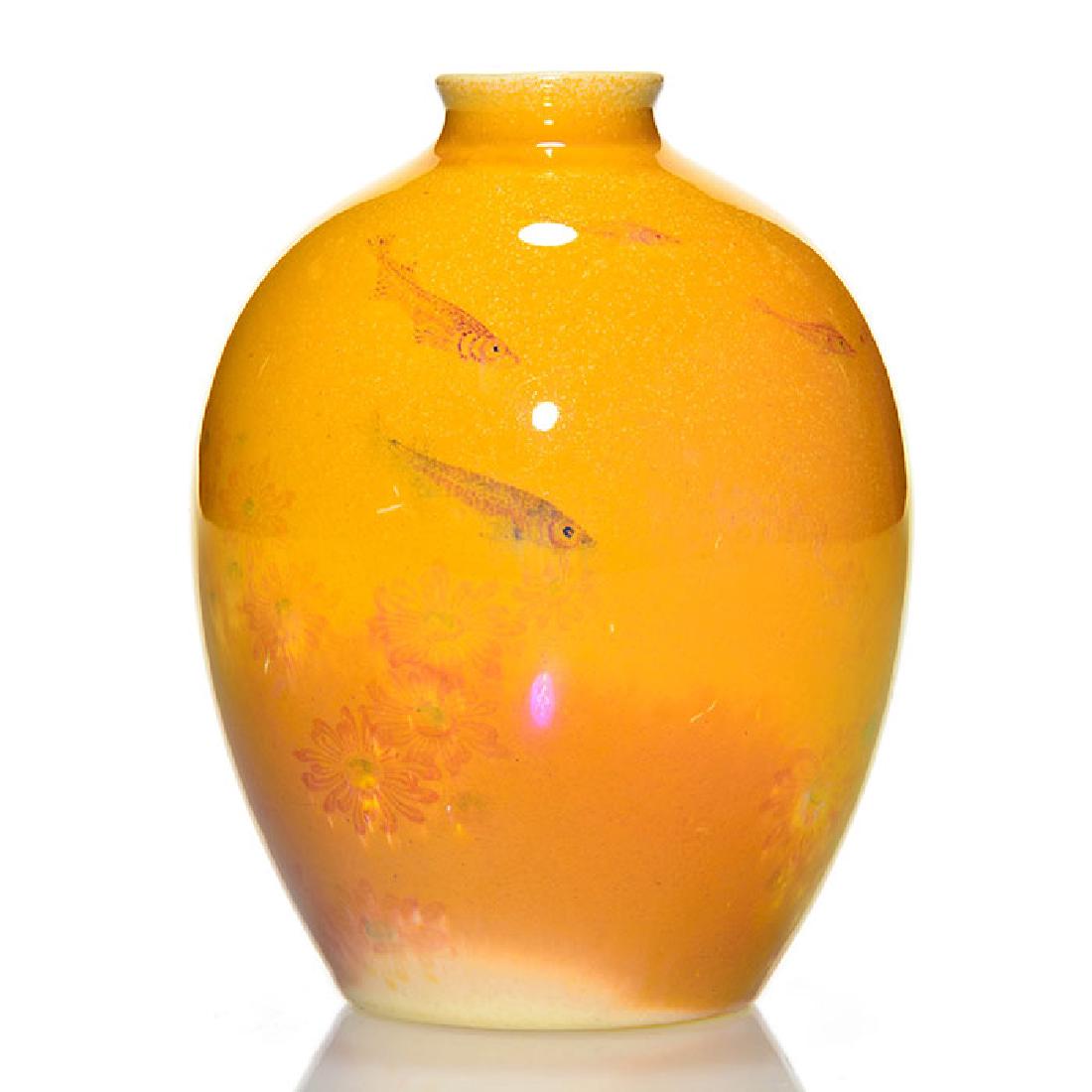 St. Lukas Utrecht lustre vase, minnows & flowers. 4”: St. Lukas Utrecht lustre miniature porcelain vase revealing a small school of minnows swimming among some flowers and covered with nice marigold lustre. Height 4 inches. Stamped St. Lukas Utrecht and 