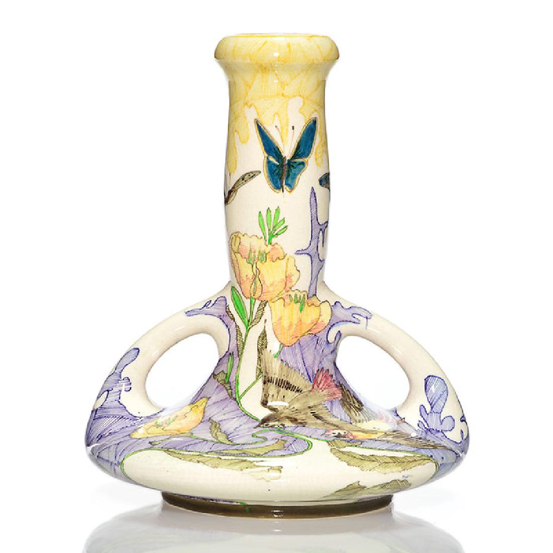 Gouda Zuid handled vase, finches, poppies, 9 1/4” (1 of 3)