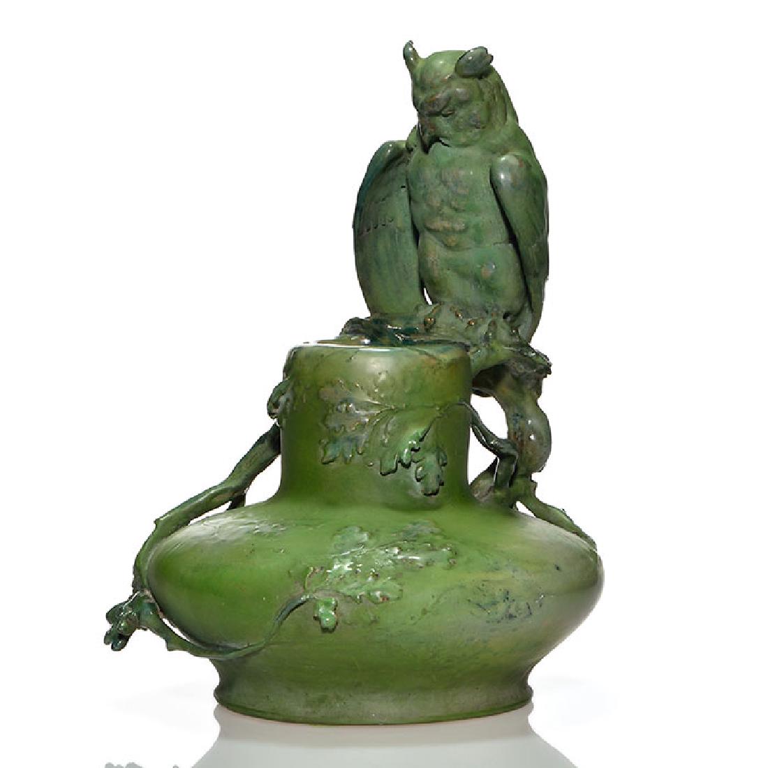 Amphora vase, 3 D owl on branches, green matt finish,