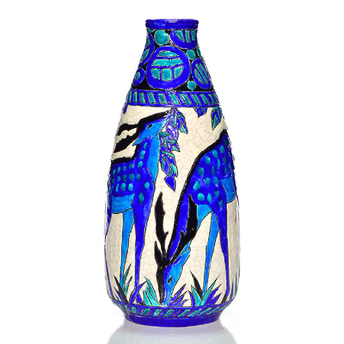 Boch Frerers blue Deer vase, 12 3/8 inches, shape 898: Boch Freres earthenware vase with deer done in crackled enamels. Marked with the Keramis Made in Belgium ink stamp, an incised K and the impressed shape number 898. Excellent condition. Height is 12 3
