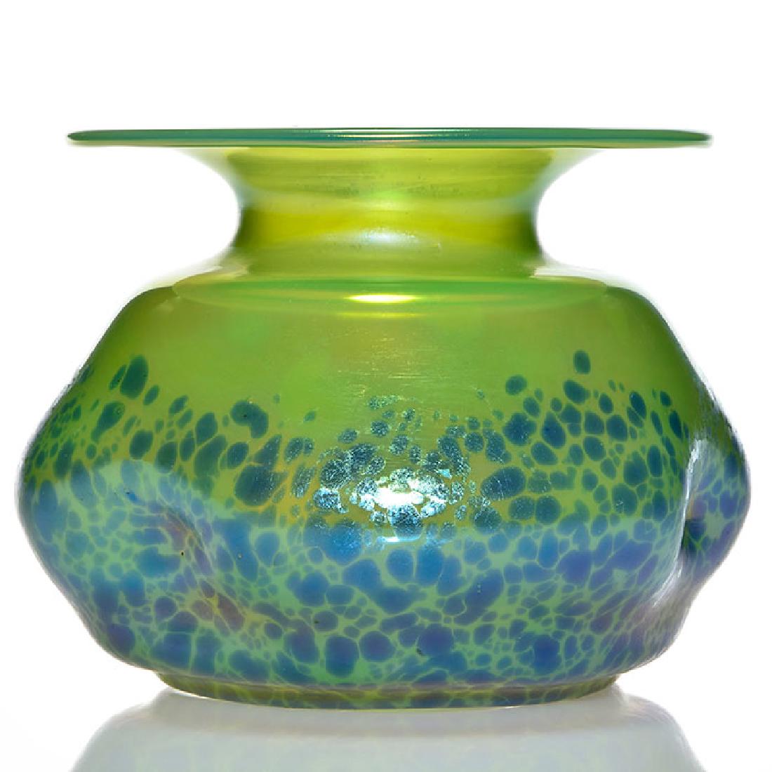 Loetz Orchis vase, green, blue spots, dimpled, 4 3/4 (1 of 1)