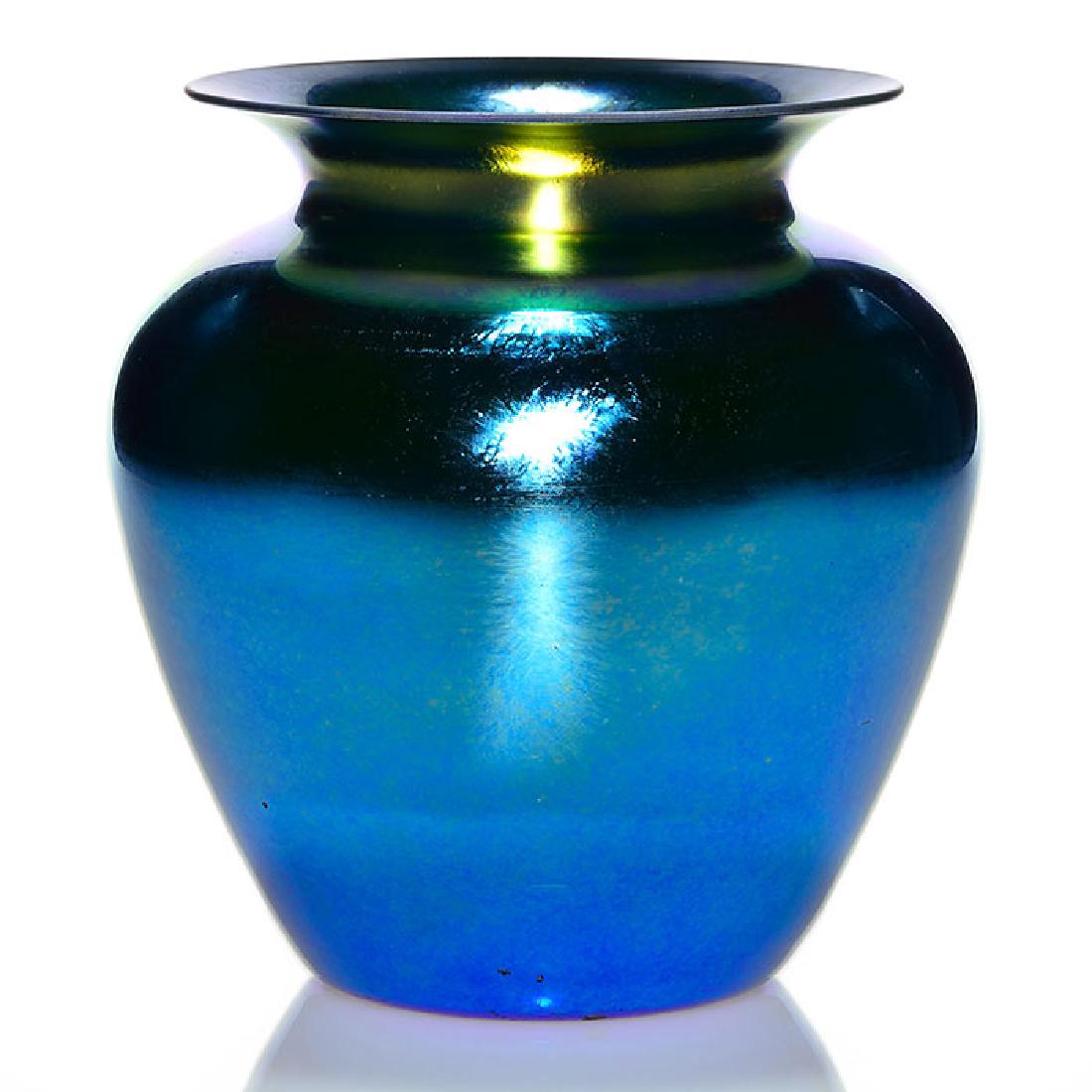 V. Durand Classical form vase, blue, 8 inches, 1710,: Good Victor Durand Classical form vase, a nice iridescent blue with gold highlighting the neck. Height 8 inches. Signed “V. Durand” along with the shape and height 1710-8 within the pontil. There 