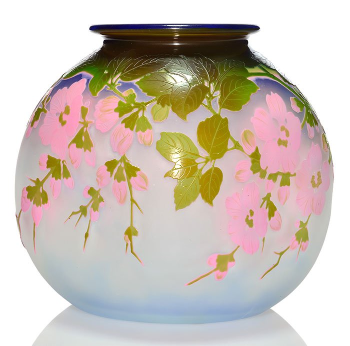 Galle cameo vase, pink blossoms, 7 1/2  X 9 1/2 inches (1 of 2)