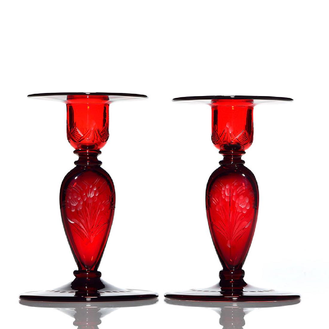 Pr Steuben Selenium Red candlestands, 6 inches, signed (1 of 1)