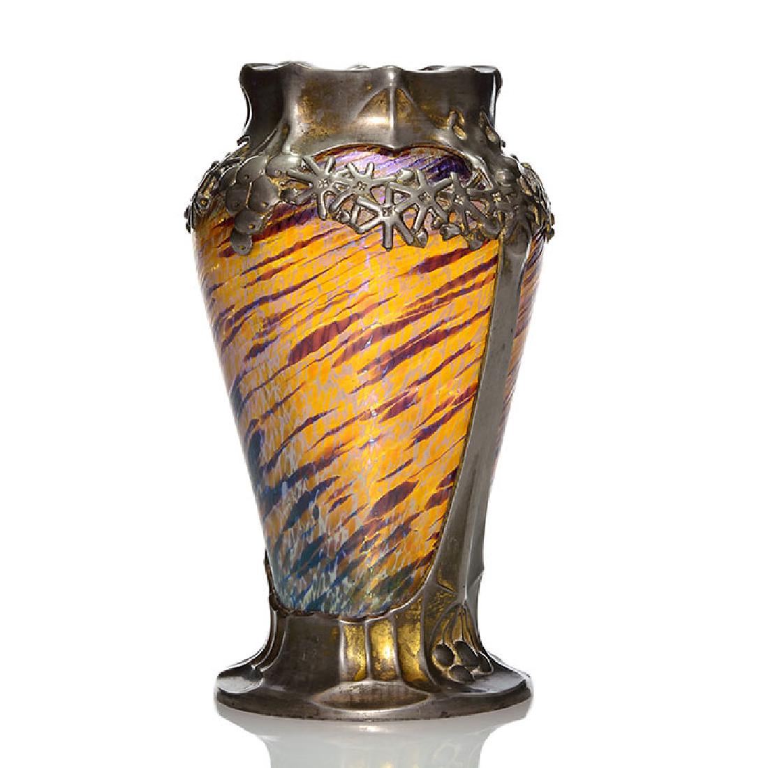 Loetz attrib vase, Orion pewter mount, 6 1/4 inch, (1 of 2)