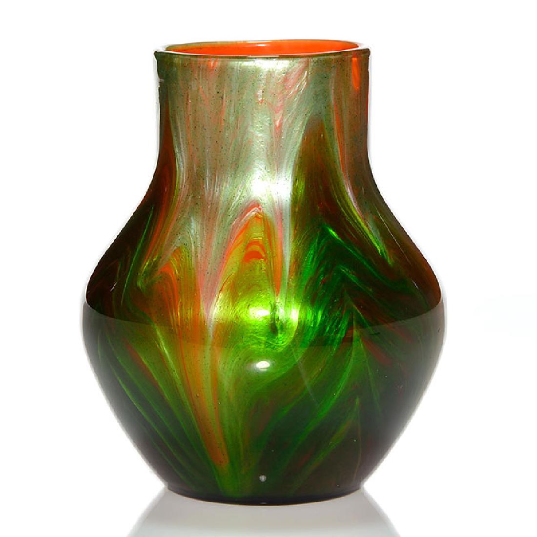 Loetz Titania vase, orange, opal, emerald green, 4 1/2 (1 of 2)