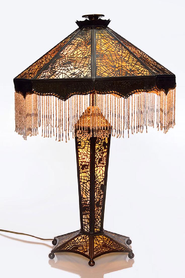 Arts & Crafts Revere lamp, Pine Needle, caramel glass, (1 of 3)