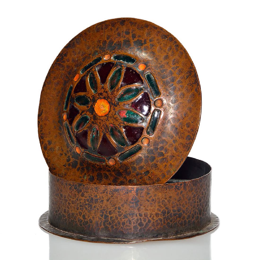 Round Copper box, enamel center piece, 1 5/8 x 3 1/2 (1 of 1)