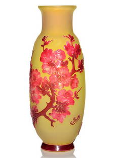 Galle Blow-Out vase, apple blossoms, 13 3/4 inches,: Galle Blow-Out vase with a larger than life display of a profusion of apple blossoms done in pink over white on a branch against a beautiful frosty amber backdrop. Height 13 3/4 inches. Galle is in ca